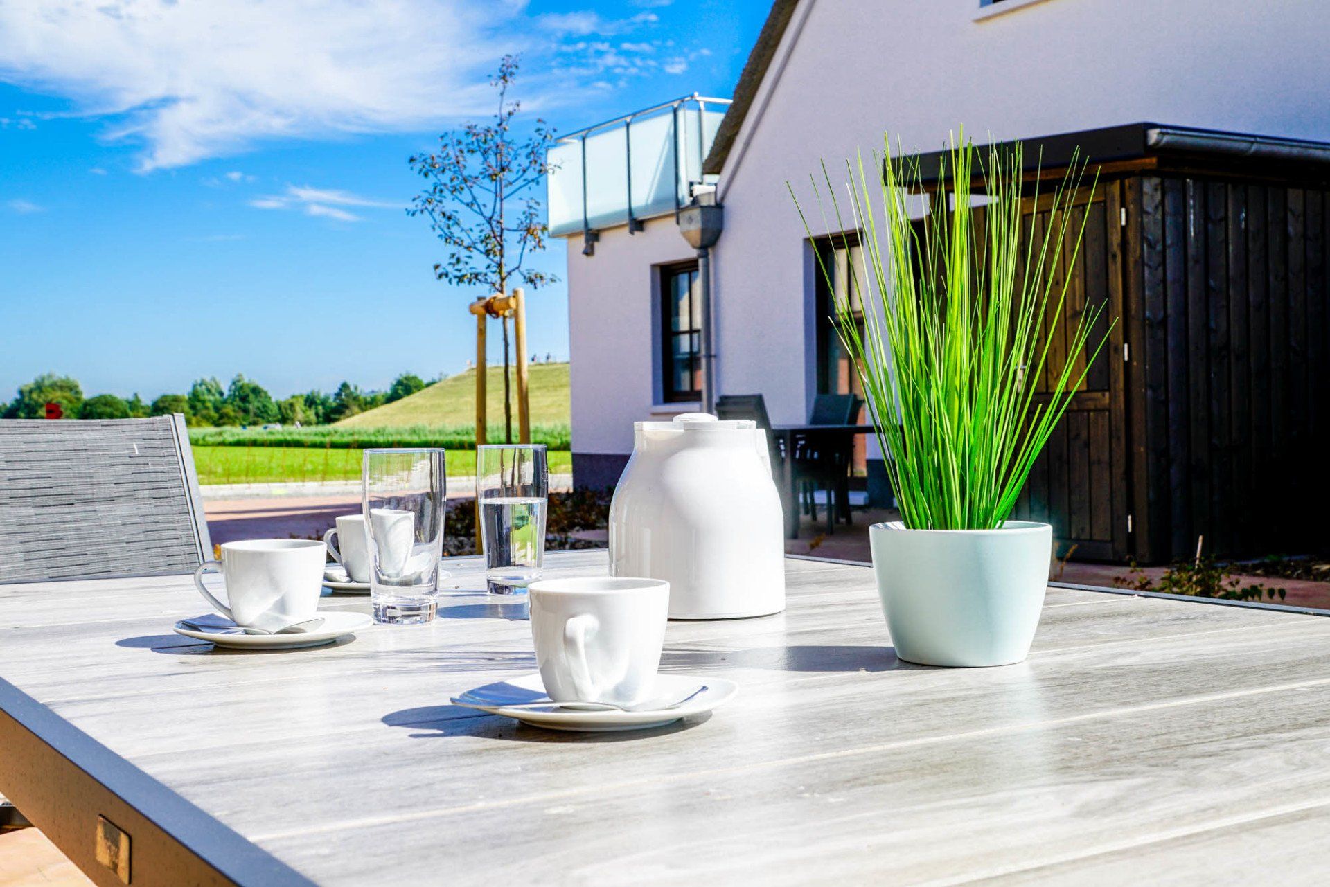 Tisch auf einer Terrasse mit Geschirr und Pflanze vor einem weißen Gebäude.