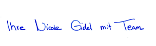 A handwritten note in blue ink that says ihre dicole gidel mit team