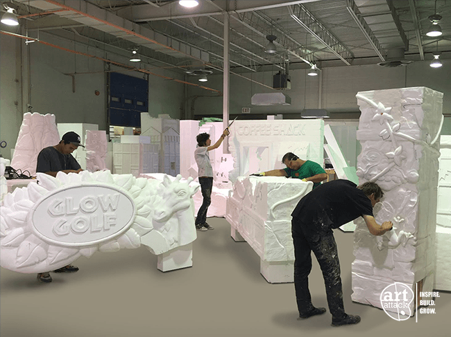 Art Attack Foam Carvers Working on Props for Mini Golf Art Attack Foam Carvers Working on Project for Black Light Mini Golf Arena