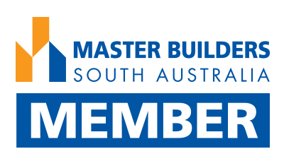Logo for Master Builders South Australia: blue and orange building design with 