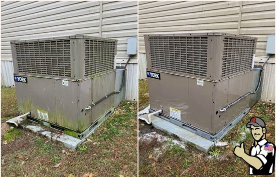 Before and after of a YORK HVAC unit; cleaning removes mold and mildew from the outside casing.