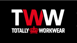 A logo for tww totally workwear with a crown
