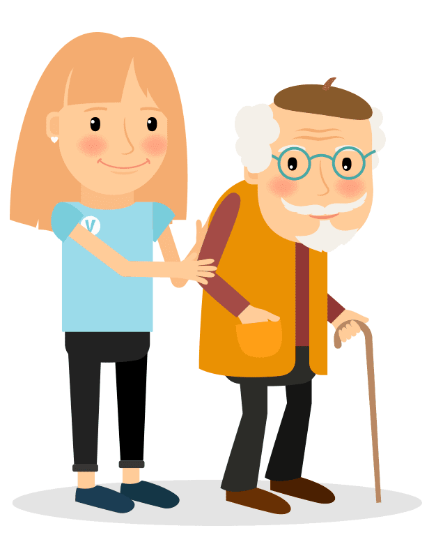 A girl is helping an elderly man walk with a cane.