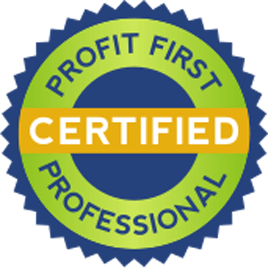 A green and blue logo that says profit first certified professional