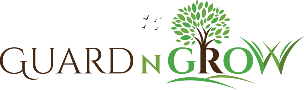 A logo for guard n grow with a tree and birds in the background.