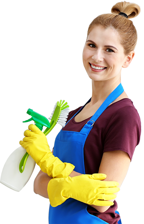 Cleaning worker holding spray bottle and cloths, wearing yellow gloves and blue apron, smiling.