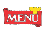 A red sign with the word menu and a chef 's hat on it.