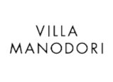 A black and white logo for villa manodori on a white background.