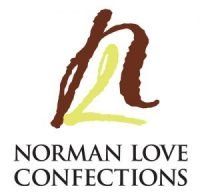 The logo for norman love confections is brown and yellow.
