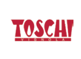 A red and white toschi logo on a white background