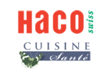 A logo for haco swiss cuisine sante with a frog on it