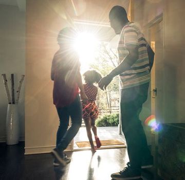 family walking out the door