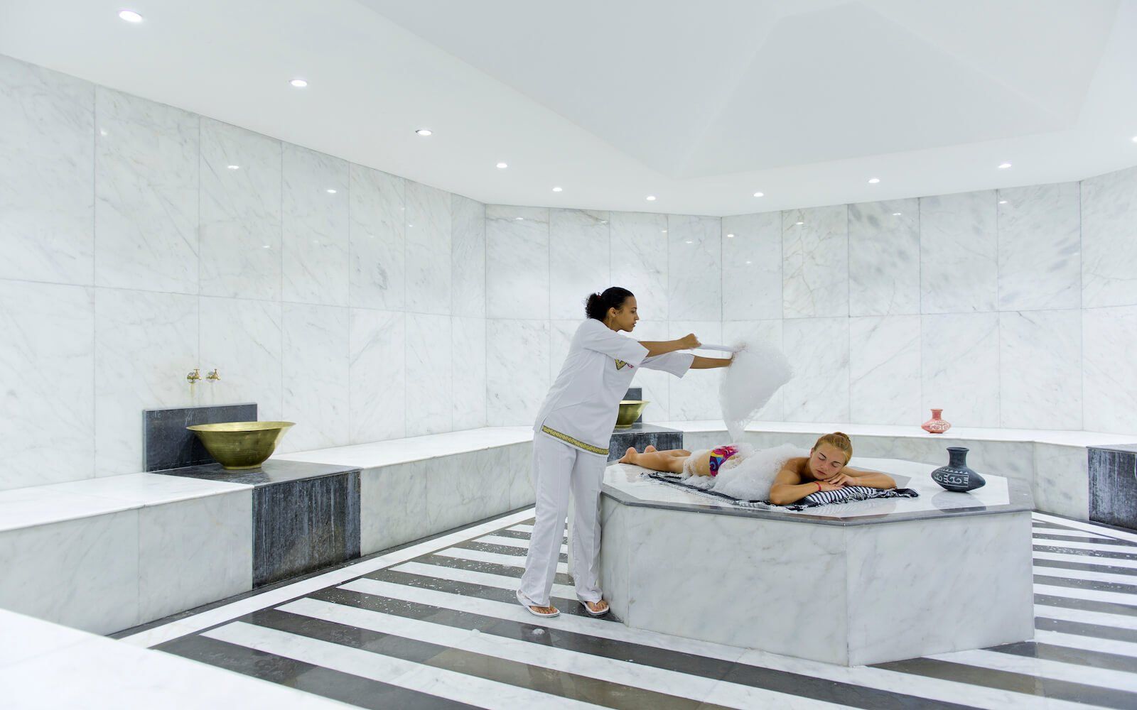 Relaxing seating area inside the spa