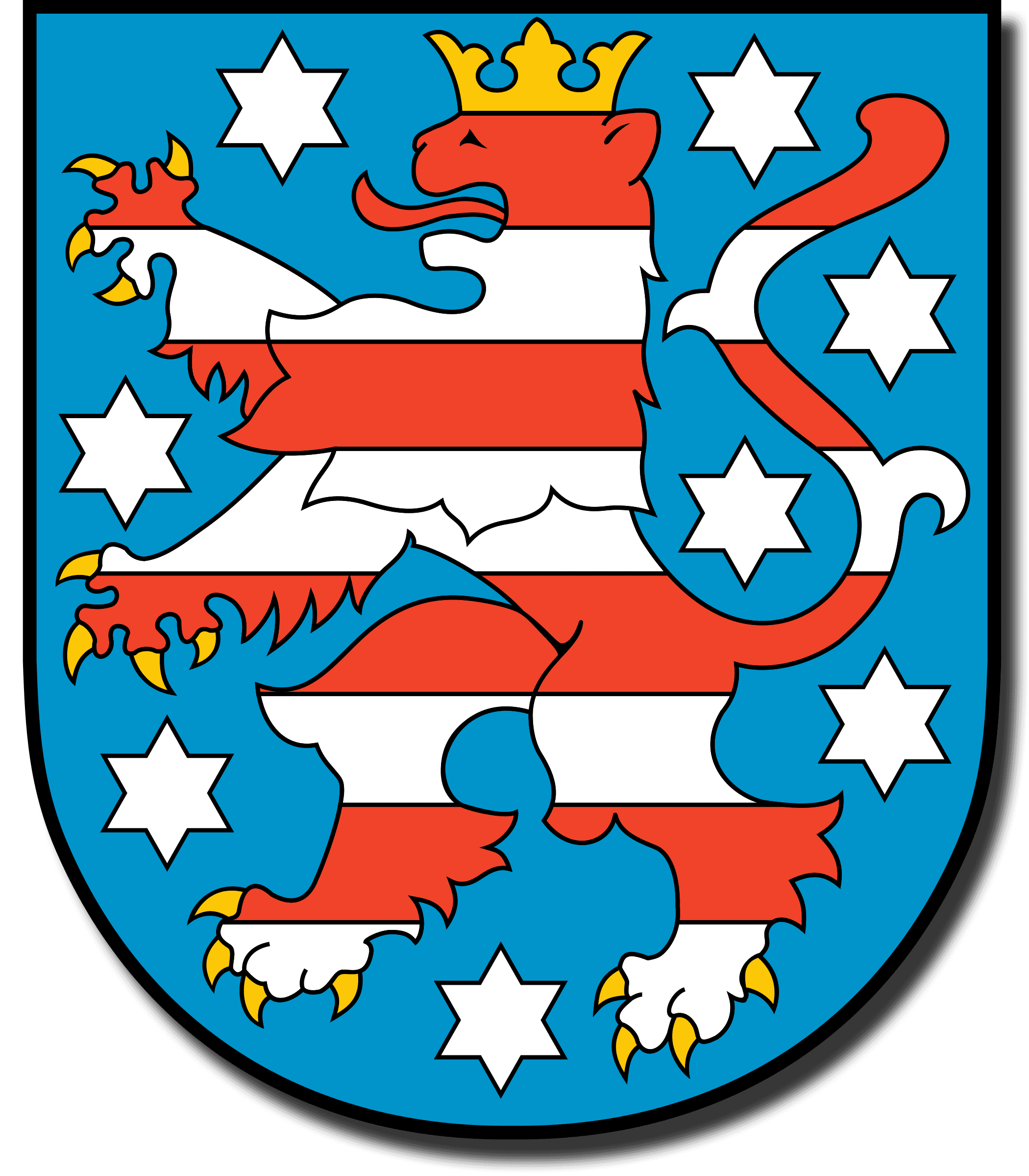 Wappen: Löwe mit roten und weißen Streifen, goldener Krone und Krallen, umgeben von weißen Sternen auf blauem Grund.