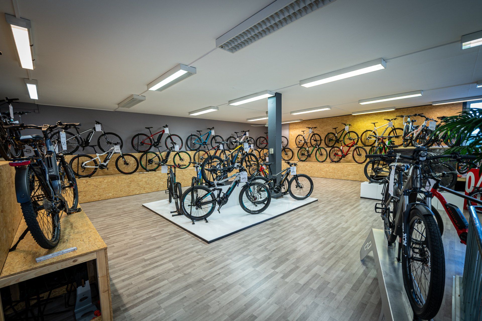 A showroom filled with lots of bicycles on display.