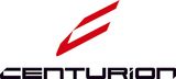 A red and black logo for centurion on a white background