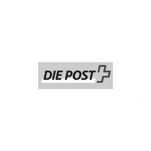 Ein schwarz-weißes Logo für die Post mit einem Kreuz darauf.
