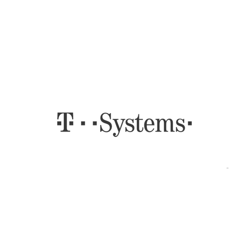 Ein schwarz-weißes Logo von T-Systems auf weißem Hintergrund.
