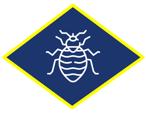 a blue diamond with a white line drawing of a bee on it .
