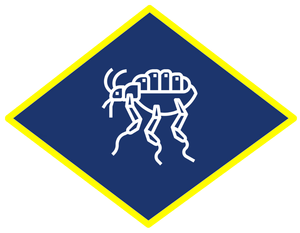 a blue diamond with a white line drawing of a flea on it .