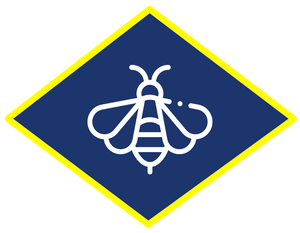 a blue diamond with a white icon of a bee on it .
