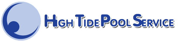 Blue and navy High Tide Pool Service logo with wave icon and stylized text