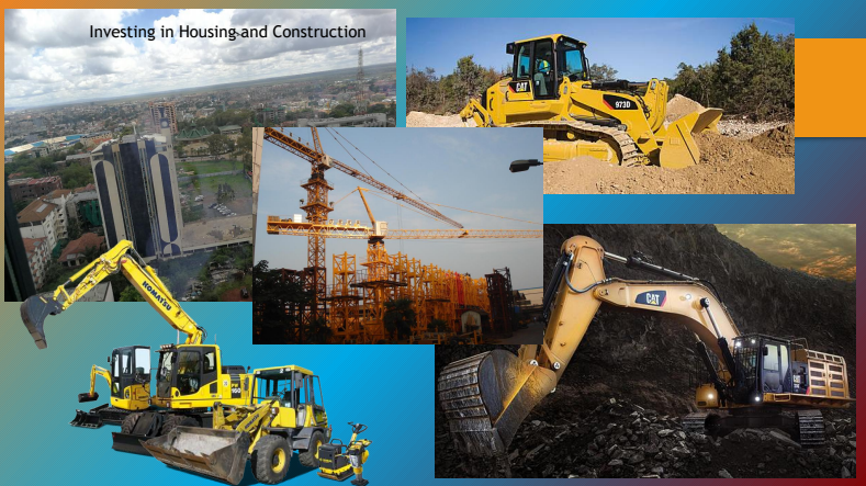 Eine Collage aus Baufahrzeugen mit den Worten „Investing in Housing and Construction“ oben drauf