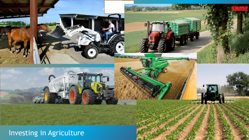 Eine Collage aus Bildern von Traktoren und Pferden mit den Worten „Investition in die Landwirtschaft“