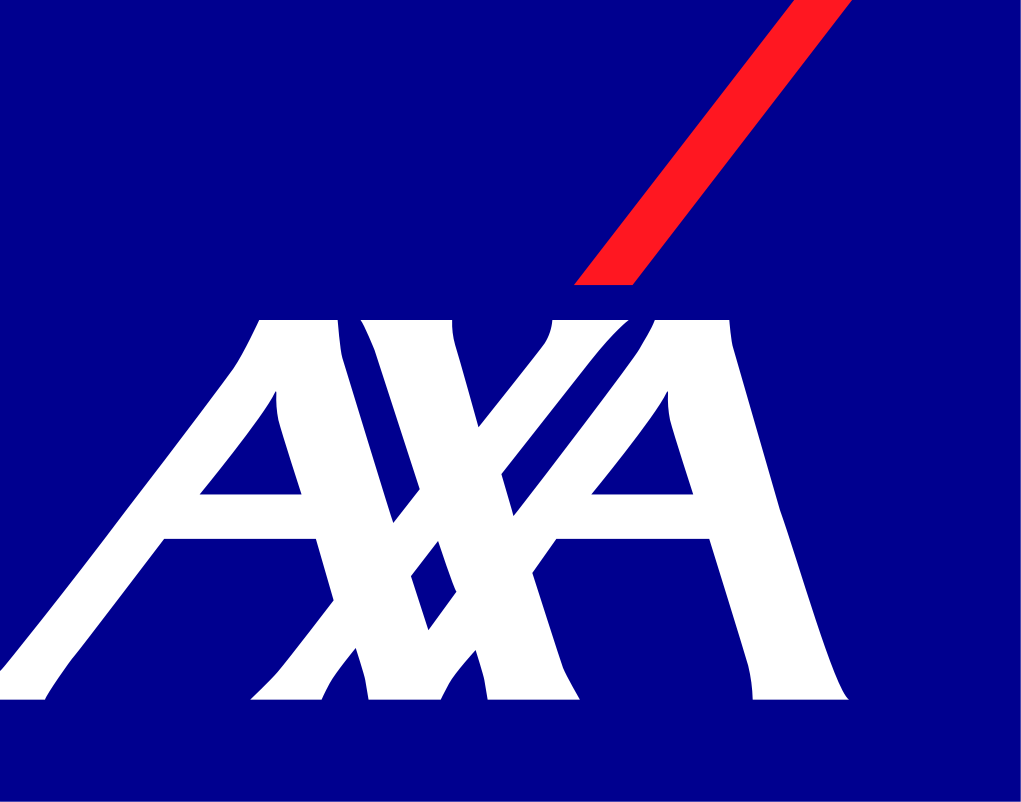 Logo AXA : Texte « AXA » blanc sur fond bleu avec une barre oblique rouge.