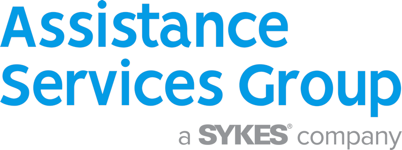 Logo d'Assistance Services Group, texte bleu sur fond blanc avec la mention « une société SYKES » en dessous.