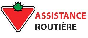 Logo de l'assistance routière Canadian Tire. Triangle rouge avec feuille d'érable verte et texte en rouge et noir.