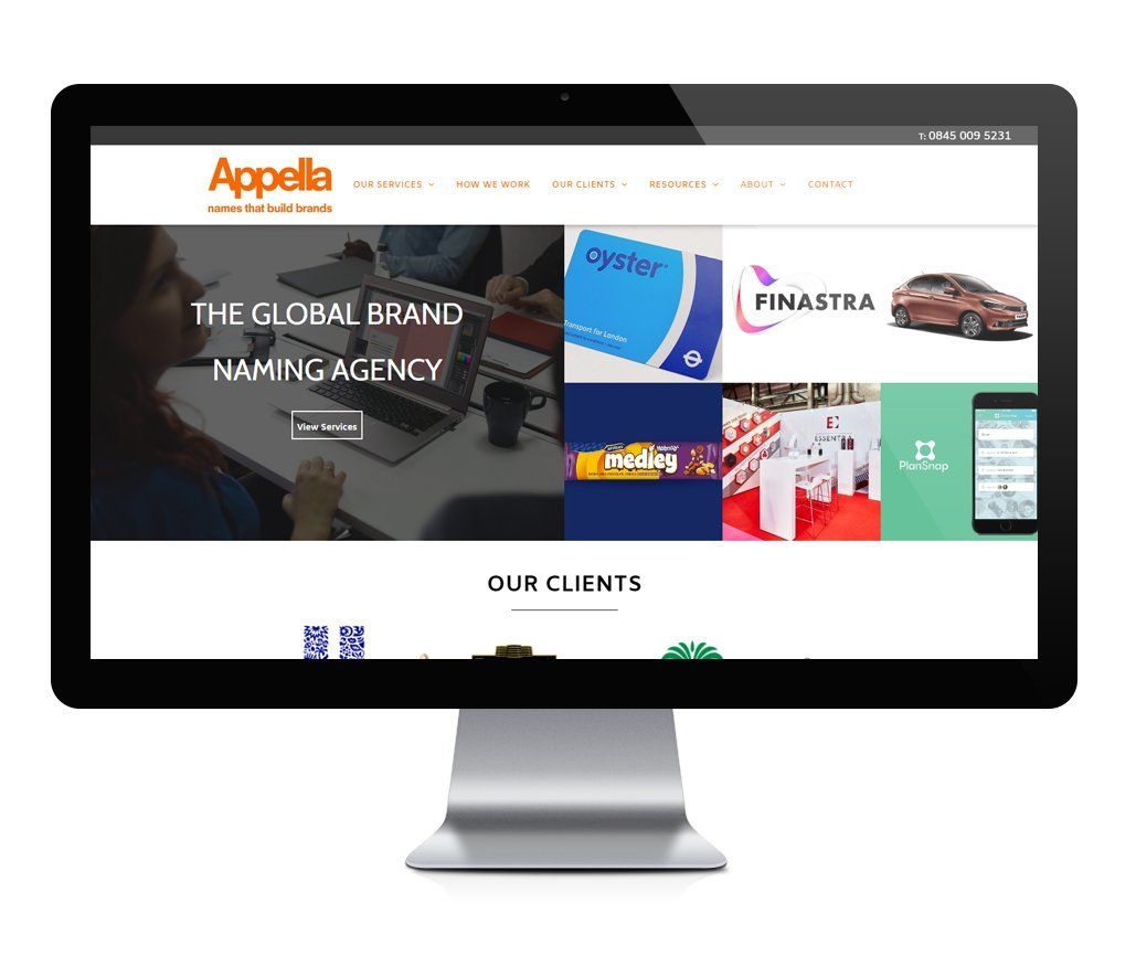 A computer monitor is displaying a website for a company called appela.