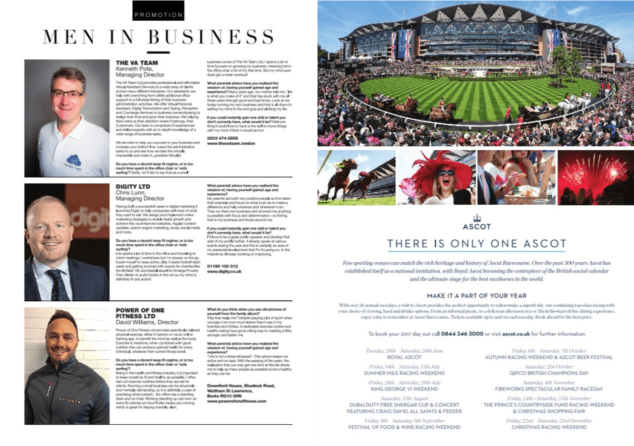 A page of a magazine titled men in business