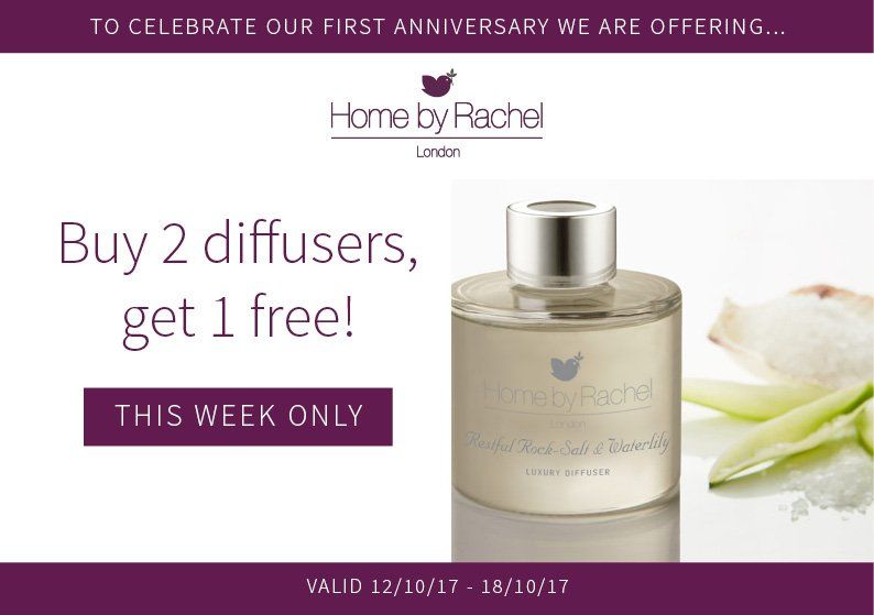 An advertisement for home by rachel that says buy 2 diffusers get 1 free