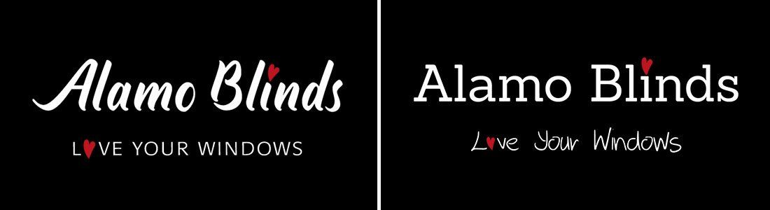 Two logos for alamo blinds on a black background