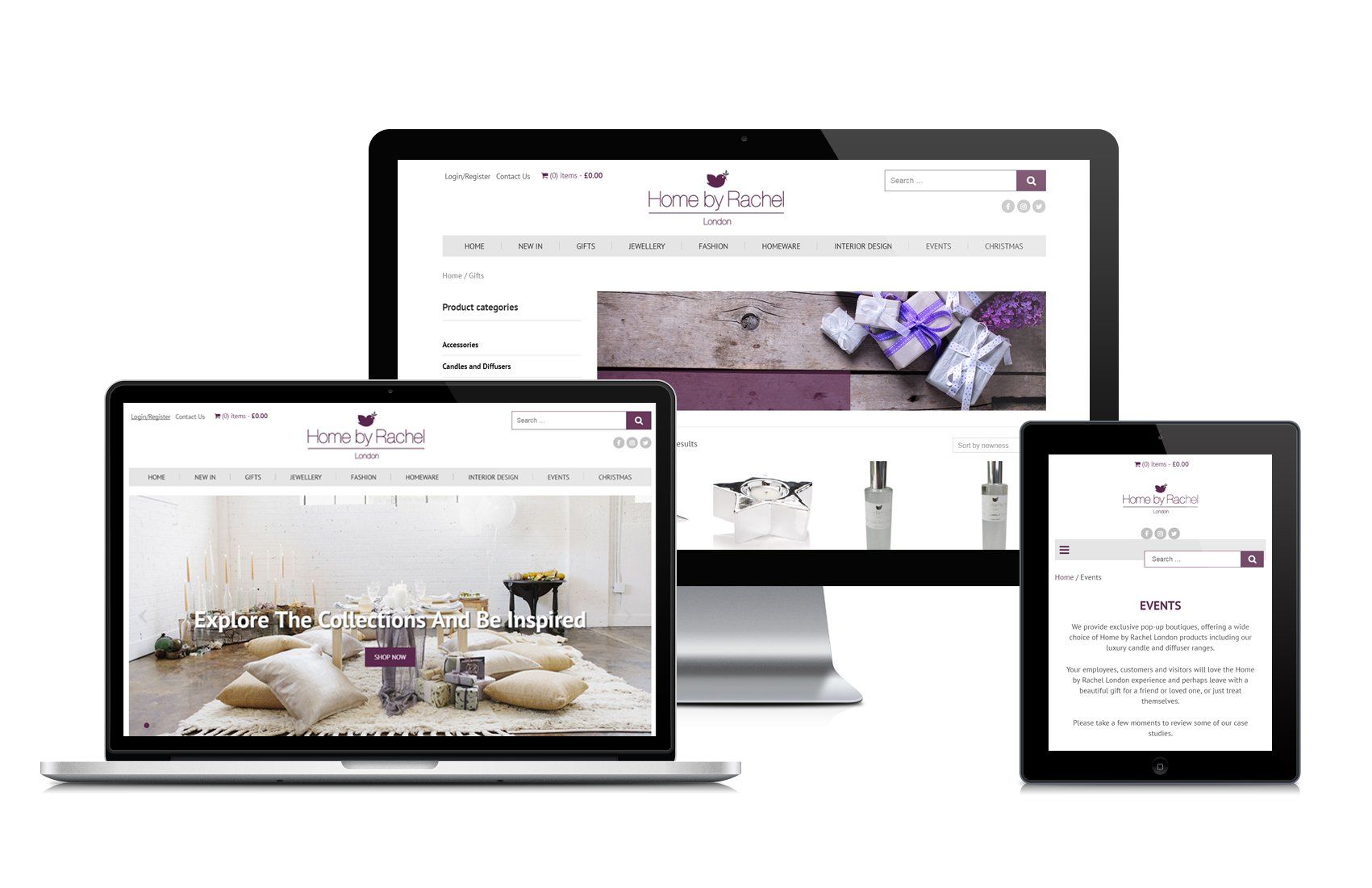 A computer , laptop , tablet and phone are displaying a website.