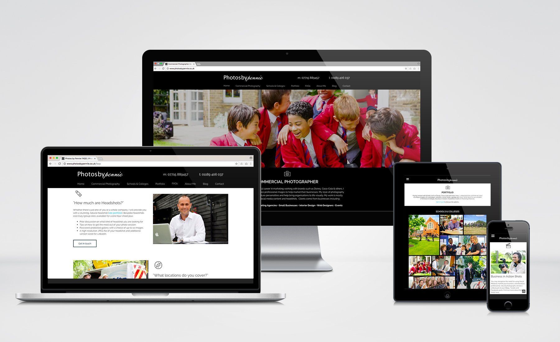 A computer , laptop , tablet , and cell phone are displaying a website.