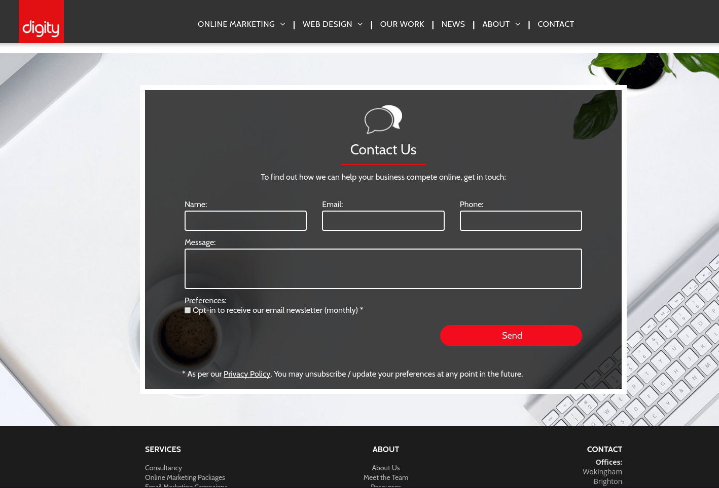 A computer screen with a contact us page on it