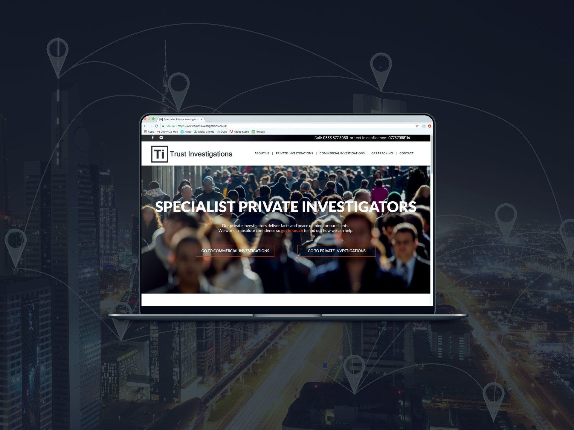A laptop computer is open to a website for specialist private investigators.