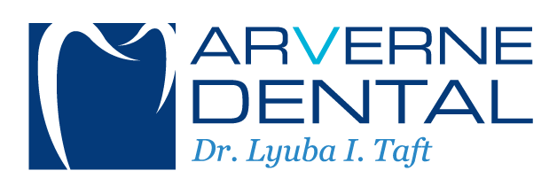 A logo for arverne dental shows a blue and white logo