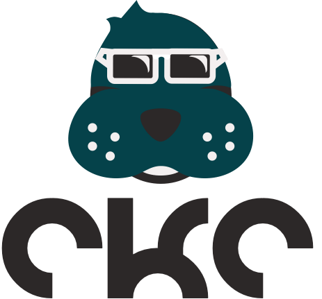Blue bulldog wearing glasses above the letters