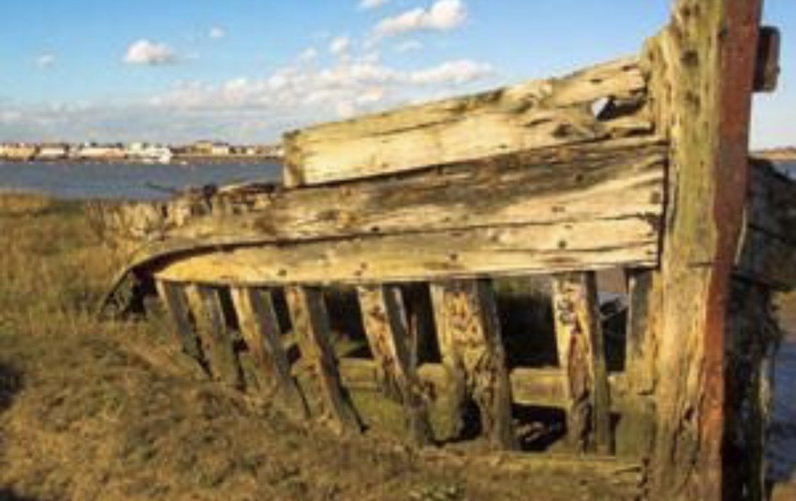 Decayed wooden boat hull on a grassy bank, overlooking a body of water and distant buildings.