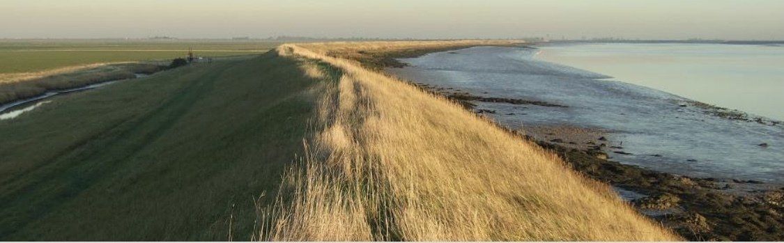 A long, grassy embankment separates water from a green field. The sky is a pale, hazy color.