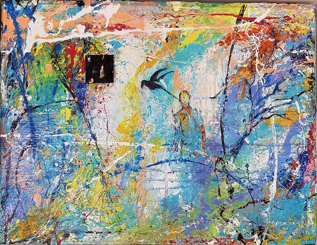 A colorful painting with birds and trees on it