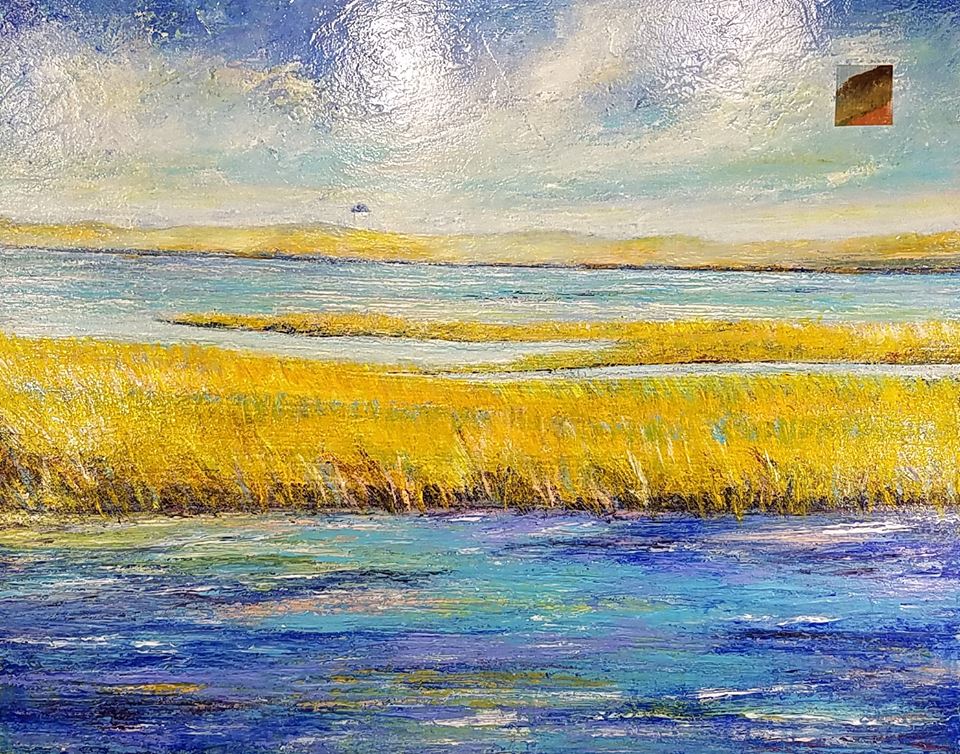 A painting of a field of tall grass next to a body of water.