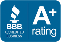 A blue sign that says bbb accredited business and a+ rating