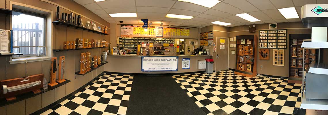 monaco lock company showroom with checkered board floor