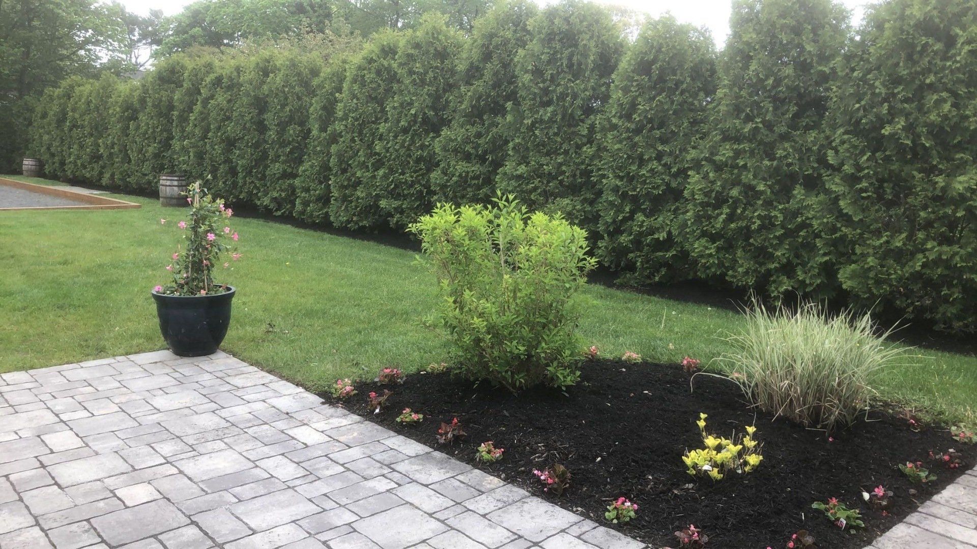 A brick walkway leading to a lush green lawn with trees in the background.