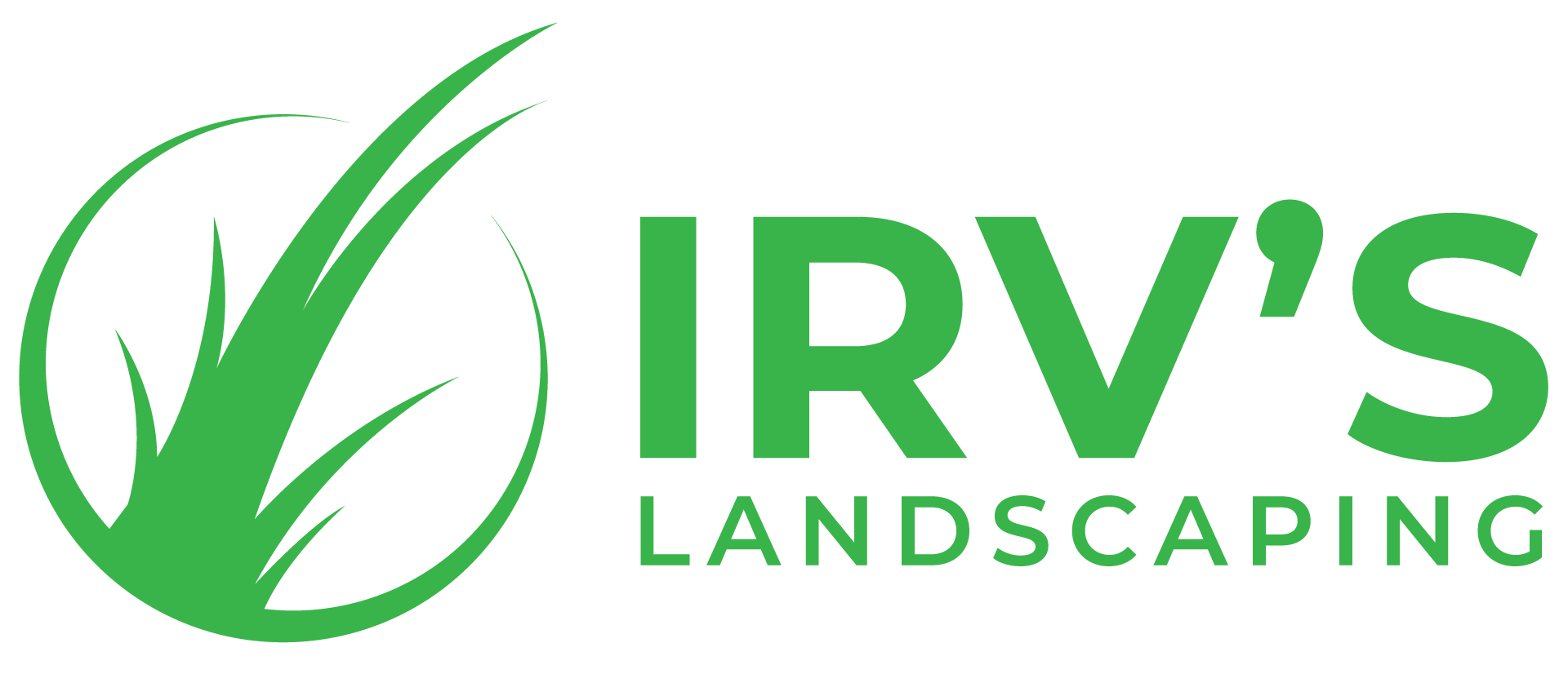 The logo for irv 's landscaping has a green leaf on it.