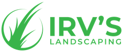 The logo for irv 's landscaping has a green leaf on it.
